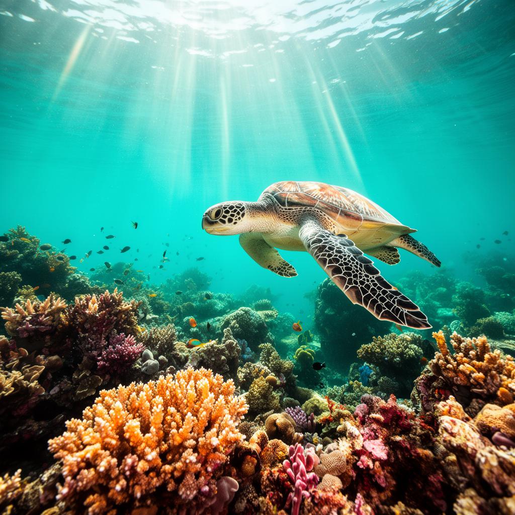 Sea turtle gliding over the Great Barrier Reef