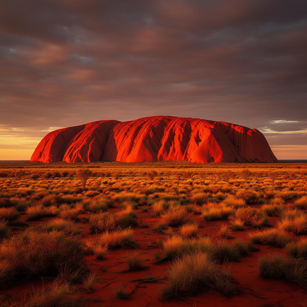 Uluru glowing at sunset in the Australian outback